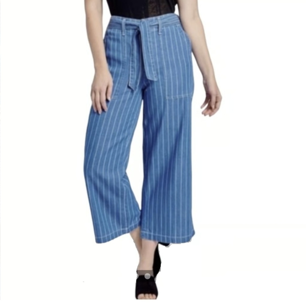 SEVEN 7* wide leg pinstripe denim jean/capri (on tall ppl) pants tie belt w/snap